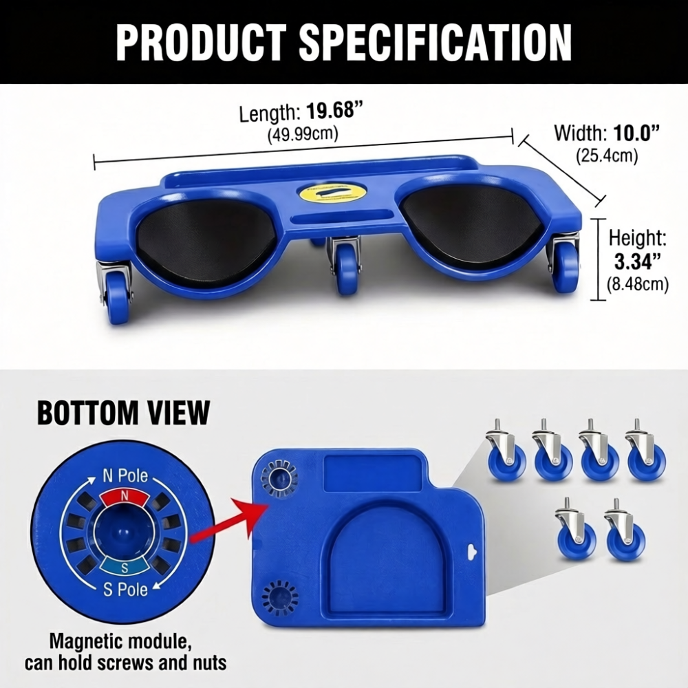 A product specification diagram for a blue rolling knee board with wheels, showing a front and a bottom view. Dimension lines indicate a length of 19.68 inches and a width of 10 inches, with a bottom well depth of 3.34 inches. Five casters are shown unattached and five are shown on the bottom view. A magnified inset features magnetic module details.