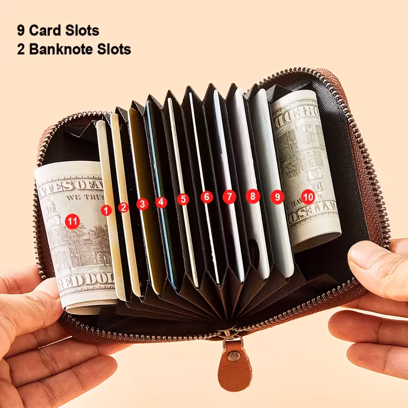 Slim Trifold RFID Leather Wallet - Father's Day Gifts for Men: Genuine Top Layer Cowhide Card Holder & Money Clip 6 An open zippered accordion-style RFID Leather Wallet for Father's Day Gifts, featuring 9 numbered card slots and 2 banknote sections holding rolled cash.