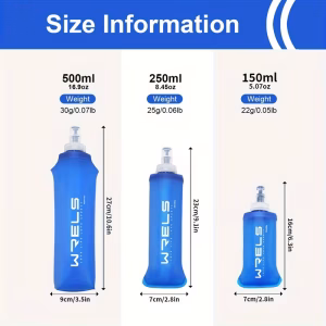 A "Size Information" infographic for the WRELS Portable Sports Water Bottle showcasing three different capacities: 500ml ($30\text{g}$, $27\text{cm}$ height), 250ml ($25\text{g}$, $23\text{cm}$ height), and 150ml ($22\text{g}$, $16\text{cm}$ height). Each blue soft flask is displayed with its specific weight and dimensions to assist with gear selection.