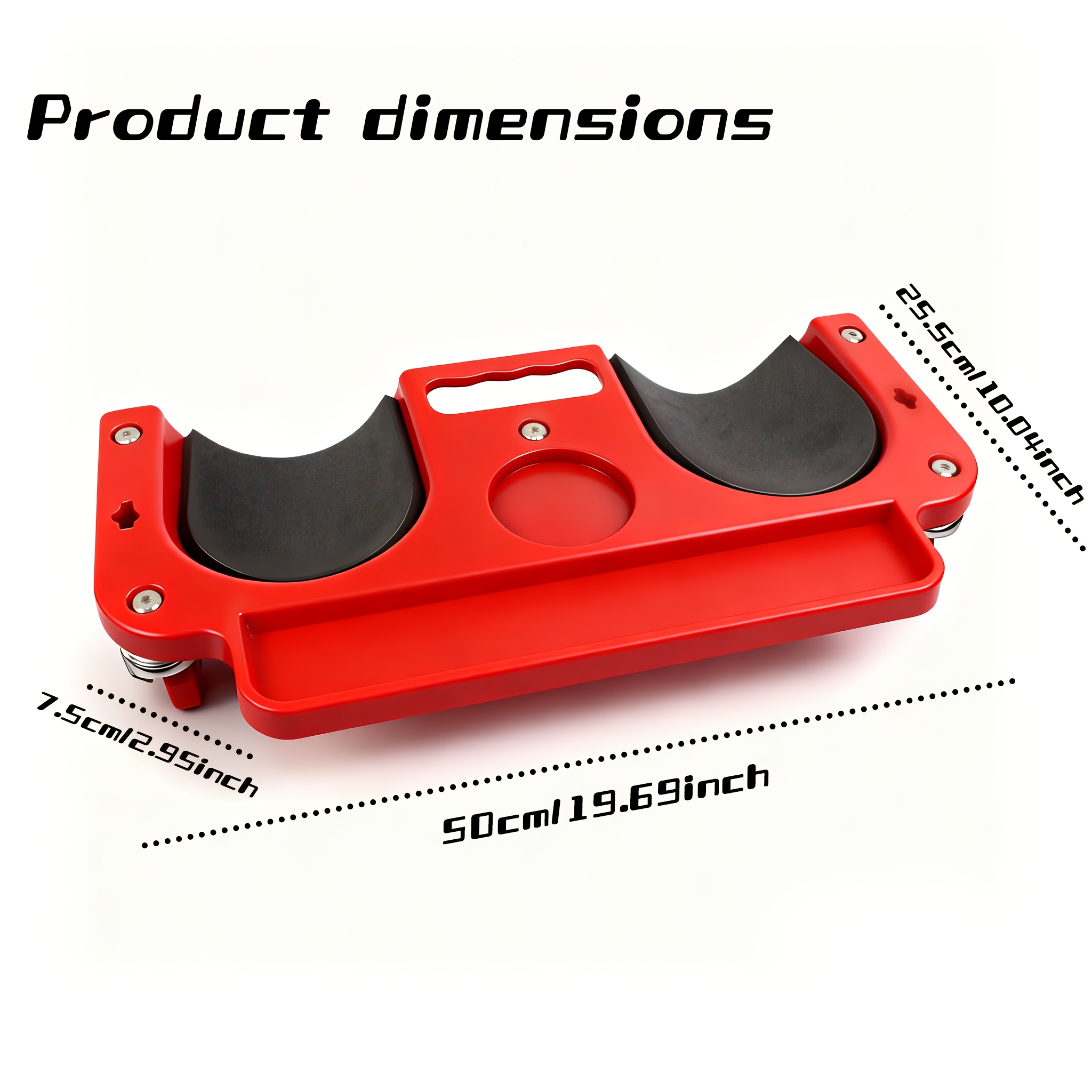 A Rolling Knee Board Platform with Wheels, Made of ABS Material, Featuring a Multifunctional Built-in Tool Tray and a Comfortable Cushion. Suitable for Mechanics, Carpenters, Flooring, and Automotive Repairs. Valentine's Day Gifts for Men 13 A studio product shot of a red Rolling Knee Board Platform with Wheels on a white background, featuring black cushioned knee pads and integrated tool trays. The image includes dimension overlays showing a length of 50cm (19.69 inches), a width of 25.5cm (10.04 inches), and a front tray height of 7.5cm (2.95 inches).