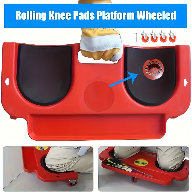 A Rolling Knee Board Platform with Wheels, Made of ABS Material, Featuring a Multifunctional Built-in Tool Tray and a Comfortable Cushion. Suitable for Mechanics, Carpenters, Flooring, and Automotive Repairs. Valentine's Day Gifts for Men 14 An image demonstrating a red Rolling Knee Board Platform with Wheels. The top section shows the platform held by a gloved hand, with inset images of five separate swivel casters and an Allen wrench. A blue arrow points to one of the embedded caster wheel locations, and a blue banner above says "Rolling Knee Pads Platform Wheeled". The bottom has two smaller photos: on the left, a person kneeling on the edge of the platform on a tiled floor, showing a single installed caster wheel; on the right, a person kneeling fully on the platform with various tools (screwdriver, utility knife) in the built-in tool tray.