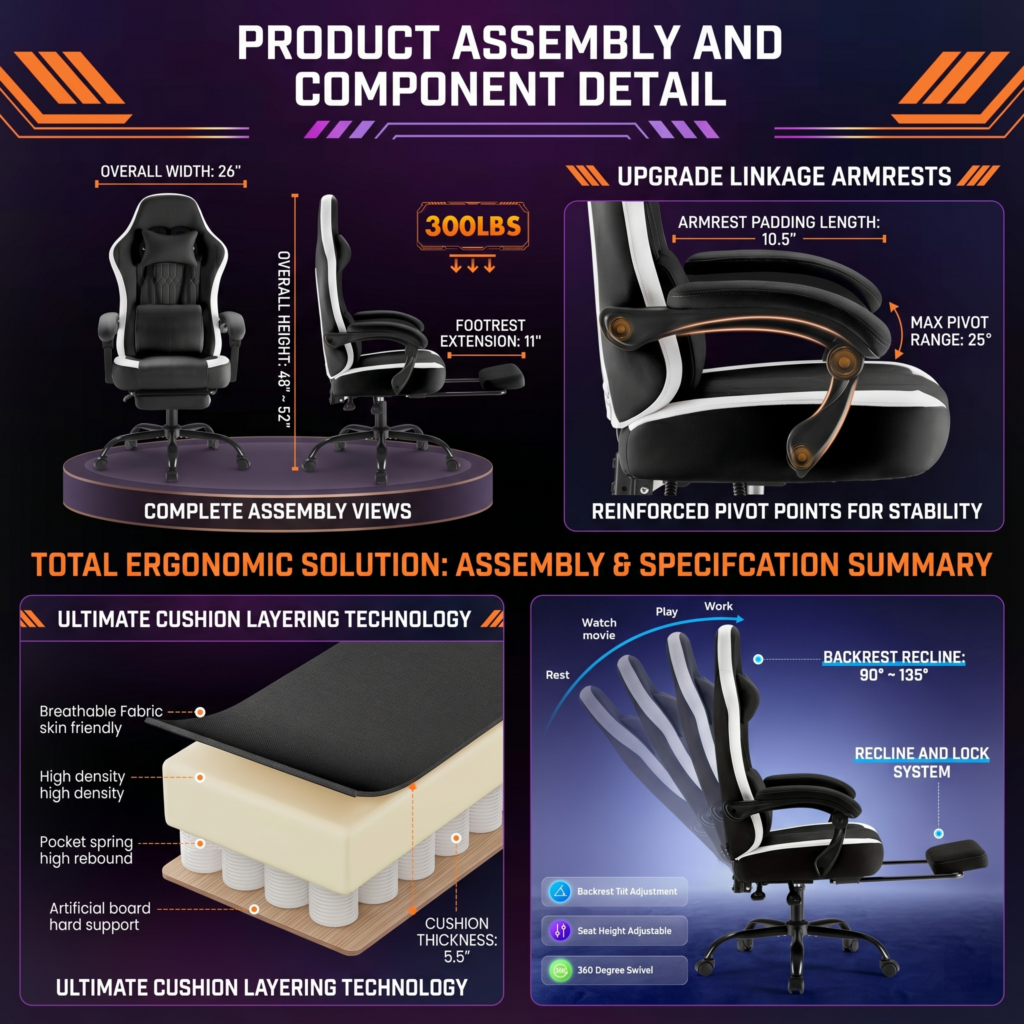 exclusive Computer Game Chair Office Chair with Foot and Lumbar Support, Height Adjustable Work Chair, Headrests, Armrests, and Rollers 18 An infographic titled "Product Assembly and Component Detail" for a black and white Computer Game Chair Office Chair. It features technical diagrams showing a $300\text{ lbs}$ capacity, upgraded linkage armrests with reinforced pivot points, a multi-layer cushion diagram, and a recline range from $90^{\circ}$ to $135^{\circ}$.