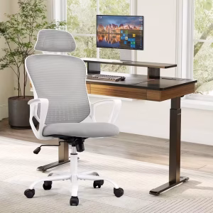 A photograph of a light and airy home office, featuring a gray mesh Office Desk Computer Chair with a white frame and headrest, positioned in front of a dark wood height-adjustable Desk Computer with a monitor, keyboard, and a large potted plant.