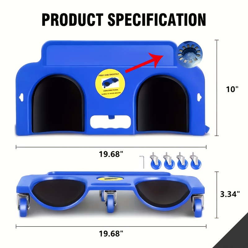 A Rolling Knee Board Platform with Wheels, Made of ABS Material, Featuring a Multifunctional Built-in Tool Tray and a Comfortable Cushion. Suitable for Mechanics, Carpenters, Flooring, and Automotive Repairs. Valentine's Day Gifts for Men 23 A product specification diagram for a blue rolling knee board with wheels, showing a front and a bottom view. Dimension lines indicate a length of 19.68 inches and a width of 10 inches, with a bottom well depth of 3.34 inches. Five casters are shown unattached and five are shown on the bottom view. A magnified inset features magnetic module details.
