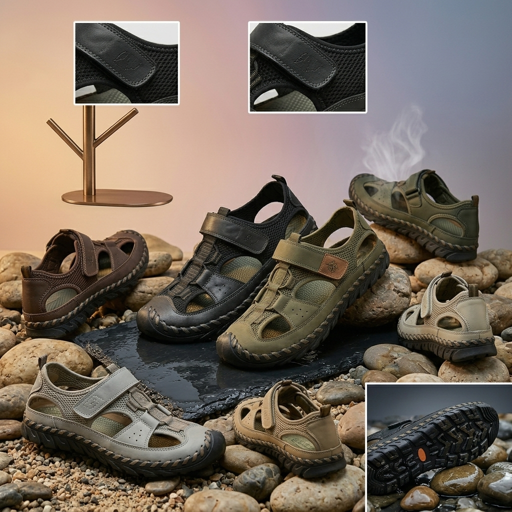 All-Terrain Casual Sports Sandals: Solid Color, Slip-Resistant Rubber Sole & Breathable Fiber Upper 19 A marketing graphic featuring multiple views of a collection of Casual Sports Sandals Solid Color by the brand mrali, shown on various textured surfaces including a modern gold stand, rocks, wet slate, and pebbles. Five main sandals are visible: black, grey, green, brown, and light beige, with a smaller child's version of the black sandal. Insets highlight the specific details of the secure black adjustable fastener and the texture of the upper materials, as well as the deep-tread black rubber sole, demonstrating anti-slip grip on wet slate and pebbles.