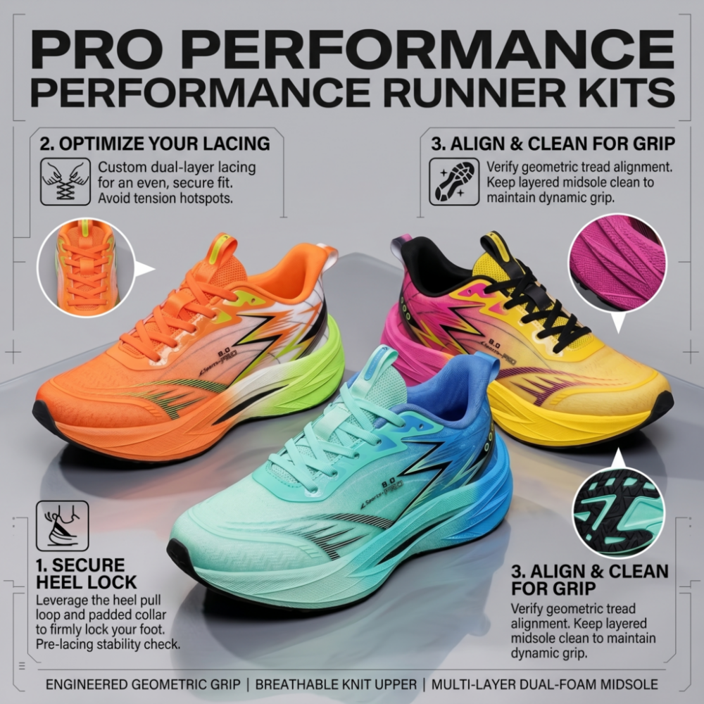 A product infographic showcasing three colorways of men's Lightweight Breathable Running Shoes—orange, blue-mint, and plum red-yellow—with technical callouts for heel lock security, custom lacing, and geometric grip alignment.