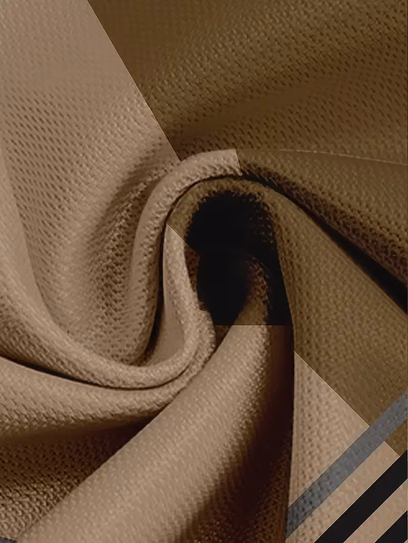 Trendy Men's T-Shirts 3pcs Men's Fashion Short-Sleeve T-Shirts | Color Block Design | Versatile Casual Round Neck Tops | Summer Comfortable Breathable Trendy Apparel 4 A detailed, close-up photograph of twisted, mixed color fabric from our Men's T-Shirts 3pcs Men's Fashion Short-Sleeve collection. The fabric has a visible textured piqué knit pattern, characteristic of quality polo or t-shirt material. It features a modern, blocked design with swirled folds. The color scheme is earthy and split between a lighter beige-tan on the left and a darker olive-brown on the right. In the bottom-right corner, a small section of a multi-color vertical stripe pattern (beige, blue-gray, black) is visible, adding to the geometric, fashion-forward look of the apparel.