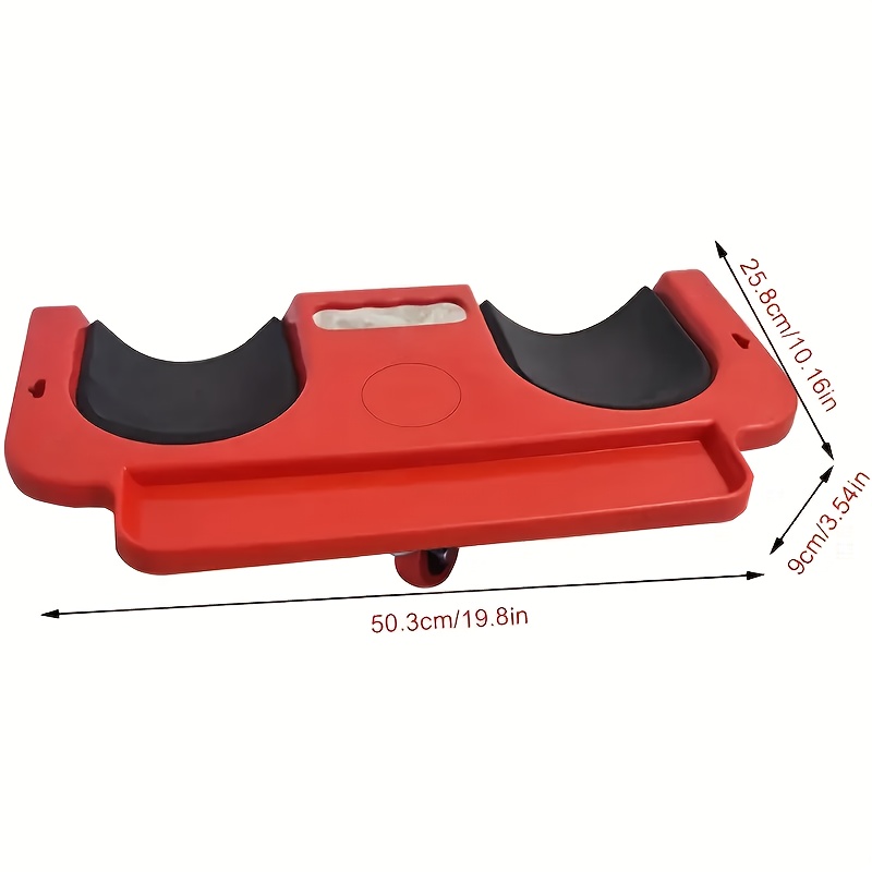 A Rolling Knee Board Platform with Wheels, Made of ABS Material, Featuring a Multifunctional Built-in Tool Tray and a Comfortable Cushion. Suitable for Mechanics, Carpenters, Flooring, and Automotive Repairs. Valentine's Day Gifts for Men 11 A high-angle, isolated studio photograph of a red Rolling Knee Board Platform with Wheels on a plain white background. The product is angled to show the top and side views simultaneously. It features two contoured black foam knee pads for user comfort. Below these is a long, built-in tool tray, and in the center is a circular parts holder and a cutout for a carrying handle. Two small swivel caster wheels are visible underneath on the front edge. Measurement arrows with dimensions are overlaid: the total width is marked as 50.3cm/19.8in, the depth of the knee pads as 25.8cm/10.16in, and the height of the tool tray as 9cm/3.54in.