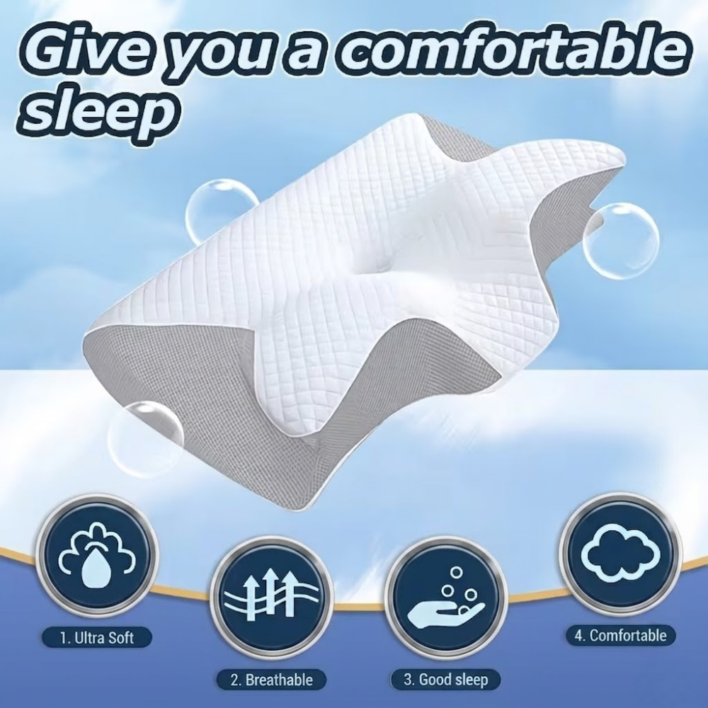 A promotional infographic for the 'Pillow Neck Pillow Sleep' featuring a white, contoured memory foam pillow with grey mesh sides. It floats against a blue sky background with clouds and bubbles. At the top, the text reads 'Give you a comfortable sleep'. The bottom section displays four circular icons with descriptive text: '1. Ultra Soft', '2. Breathable', '3. Good sleep', and '4. Comfortable'.