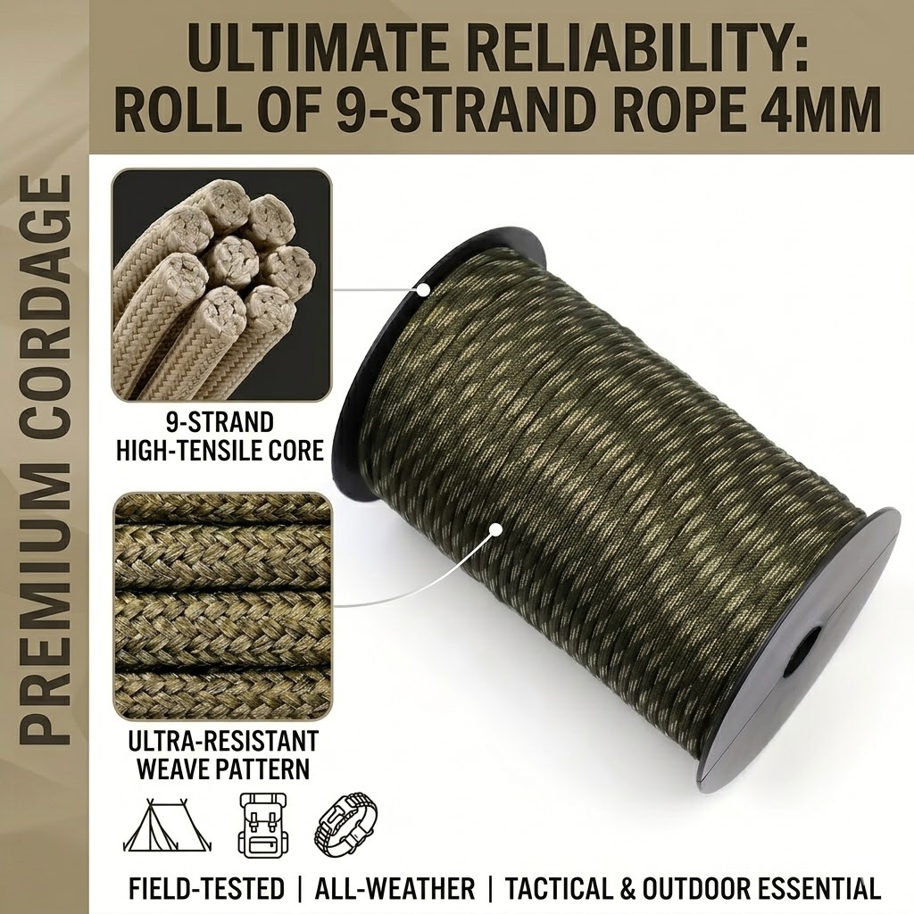 The Ultimate 164ft Roll of 9-Strand Rope 4mm: Heavy-Duty Utility Cord for Tents & Tarps 27 A high-strength olive green and beige patterned Roll of 9-Strand Rope 4mm wound on a black spool, with the frayed end demonstrating the nine individual inner strands and a white plastic bead, isolated on a white background.
