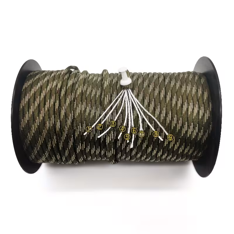 The Ultimate 164ft Roll of 9-Strand Rope 4mm: Heavy-Duty Utility Cord for Tents & Tarps 17 A professional product photograph displaying a full Roll of 9-Strand Rope 4mm in a woodland camouflage pattern, neatly wound on a black spool against a plain white background. To highlight its construction, a frayed end of the rope is pulled out, revealing and numbering the nine individual inner strands.