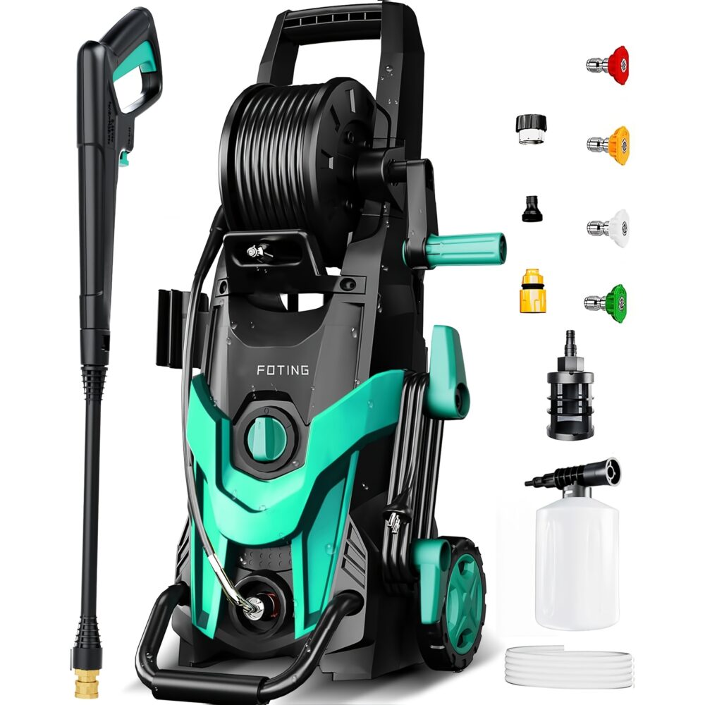 Advanced 4500 PSI Electric Pressure Power Washer featuring High-Compliance Quick-Connect Logic for Professional Car, Fence, and Patio Maintenance 8 green color A high-definition professional studio image of a vibrant lime green and black Electric Pressure Power Washer. The unit features an upright design with a prominent top-mounted hose reel, an ergonomic handle, and large high-traction wheels. The central chassis highlights the FOTING branding and a rotary power switch.