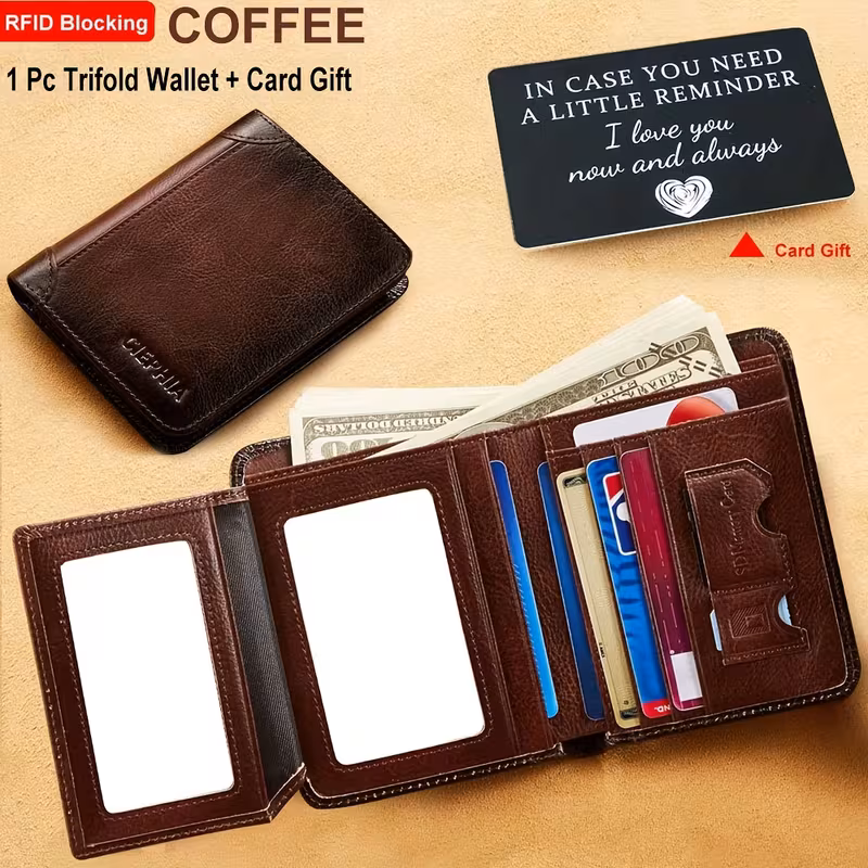 Slim Trifold RFID Leather Wallet - Father's Day Gifts for Men: Genuine Top Layer Cowhide Card Holder & Money Clip 18 An inside view of an open coffee brown color RFID Leather Wallet Father'S Day Gifts, demonstrating its high capacity with 9 card holder slots and 2 cash pockets. The textured coffee brown genuine leather and debossed SIM card holder icons are clearly visible, showcasing it as a practical gift choice.
