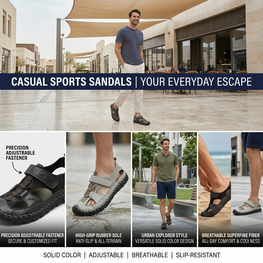 All-Terrain Casual Sports Sandals: Solid Color, Slip-Resistant Rubber Sole & Breathable Fiber Upper 8 men's Casual Sports Sandals Solid Color. The graphic is divided into four panels demonstrating features. The main panel shows a man walking in a stylized outdoor plaza wearing beige trousers and black sandals. Below this, three smaller panels highlight technical specifications: a "Precision Adjustable Fastener" on a black leather sandal, a close-up of a foot in a beige sandal standing on a wet pavement showcasing the "High-Grip Rubber Sole,"