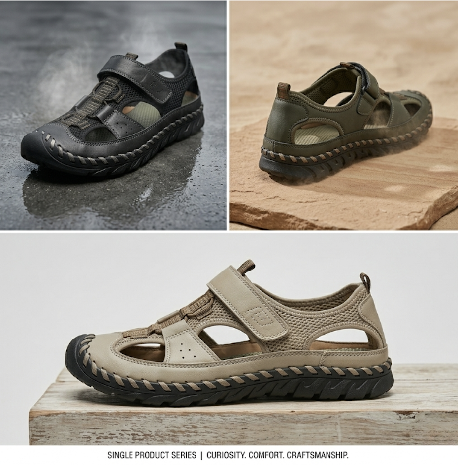 All-Terrain Casual Sports Sandals: Solid Color, Slip-Resistant Rubber Sole & Breathable Fiber Upper 20 A professional product infographic for men's Casual Sports Sandals Solid Color. The image features a large navy blue sandal at the top, a detailed anatomical breakdown of the slip-resistant rubber sole and faux insole at the top right, and smaller previews of the grey and black color options on the left.