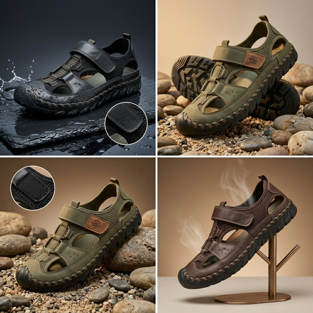 A four-panel infographic displaying various men's Casual Sports Sandals Solid Color. In clockwise order: black sandal on wet surface, olive green sandal on gravel with sole detail, brown sandal on stand with steam effect, and another view of olive green sandal with hook-and-loop closure detail.
