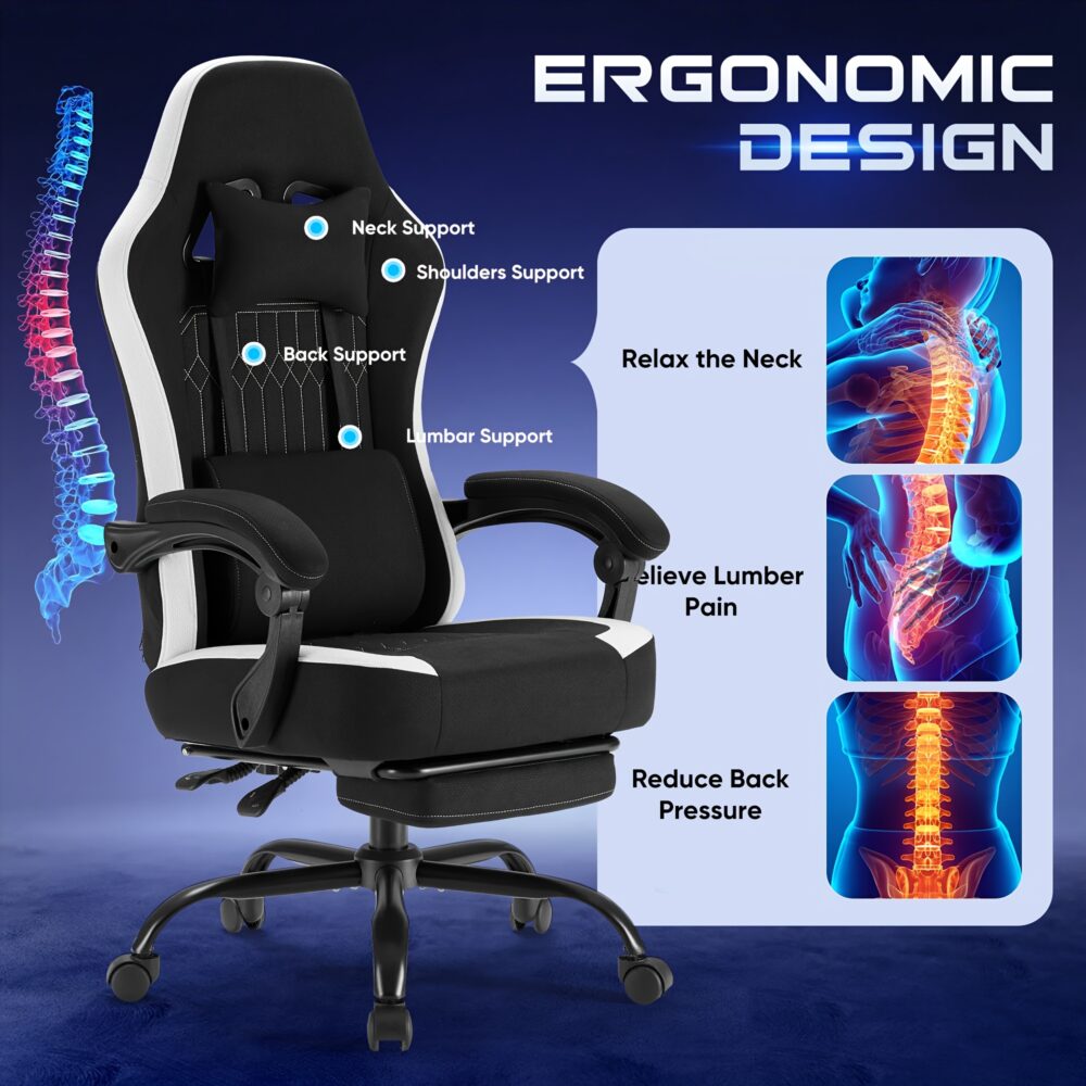 exclusive Computer Game Chair Office Chair with Foot and Lumbar Support, Height Adjustable Work Chair, Headrests, Armrests, and Rollers 11 An infographic titled "ERGONOMIC DESIGN" showcasing a black and white Computer Game Chair Office Chair. The image uses callouts for neck, shoulder, back, and lumbar support, accompanied by anatomical illustrations demonstrating how the chair helps relax the neck, relieve lumbar pain, and reduce back pressure.