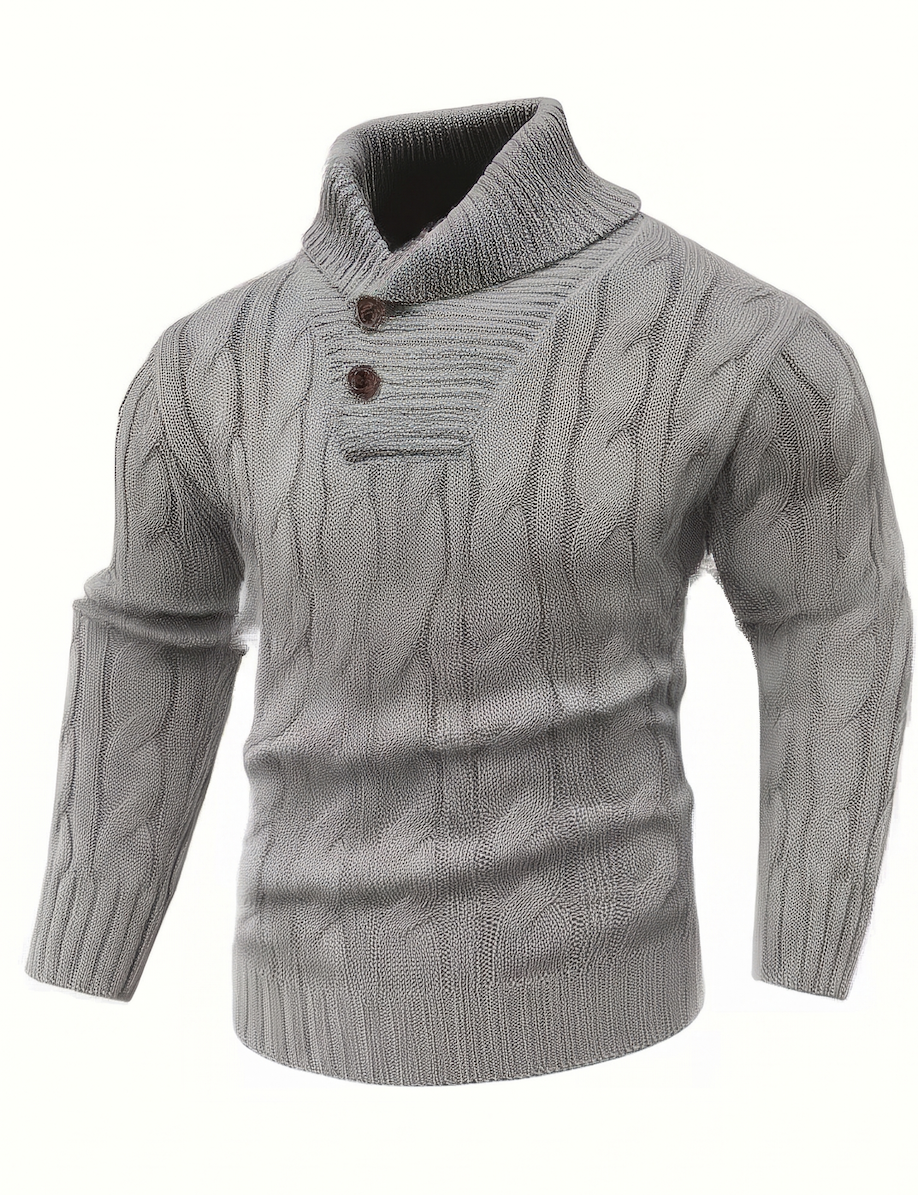 Men's Mature Business Sweater | Premium Merino-Style Lapel Knitwear | Sharp Professional Pullover for Executive Layering (Winter 2026) 15 A slightly side-angled front view of the gray mature business sweater, focusing on the fit of the sleeves and the buttoned neck detail.
