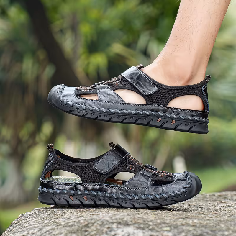 All-Terrain Casual Sports Sandals: Solid Color, Slip-Resistant Rubber Sole & Breathable Fiber Upper 6 Men’s Waterproof Closed-Toe Casual Sports Sandals Solid Color