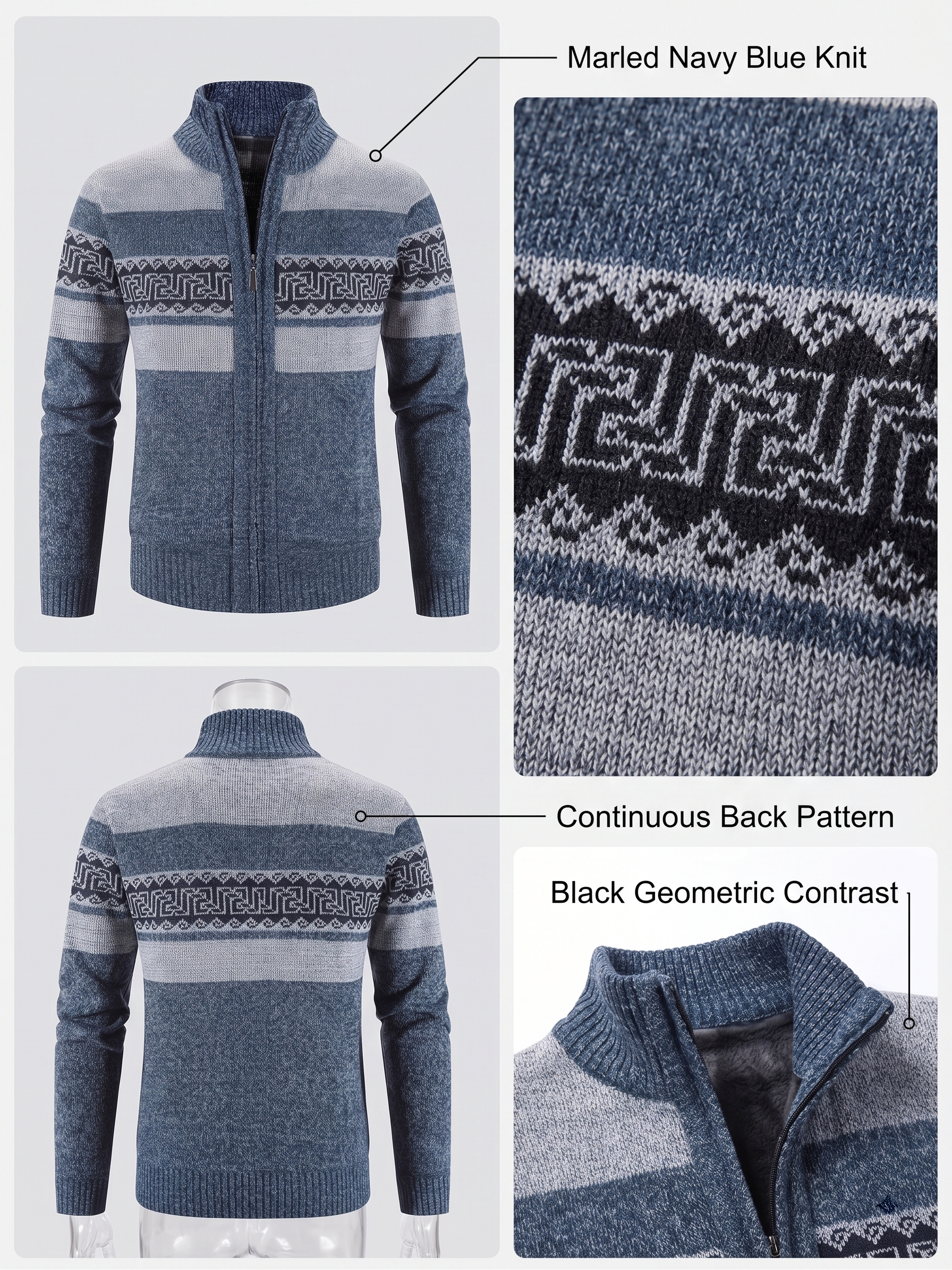 Men's Thermal Fleece-Lined Sport Knit Sweater with Pockets - Ethnic Wave Pattern, Stand Collar, Long Sleeve for Hiking, Cycling & Casual Winter Wear - Father’s Day Gift, Winter Knit Fabric 26 Multi panel product view of a Men's Sport Knit Sweater with Pockets, showing front and back views, 4 color variations, pattern details, hiking cycling icons, and a close up of the soft internal fleece lining.