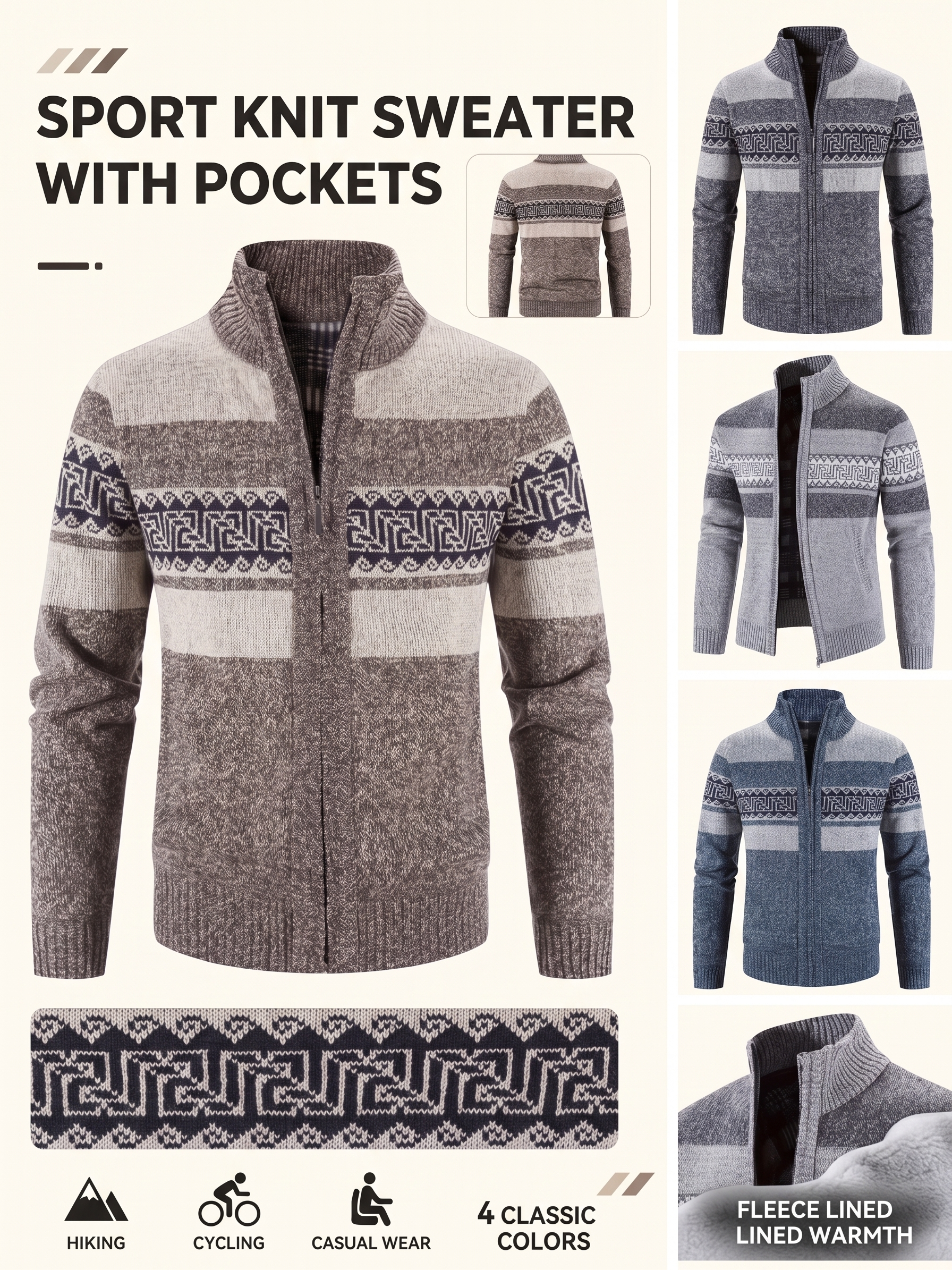 Men's Thermal Fleece-Lined Sport Knit Sweater with Pockets - Ethnic Wave Pattern, Stand Collar, Long Sleeve for Hiking, Cycling & Casual Winter Wear - Father’s Day Gift, Winter Knit Fabric 27 Multi panel product view of a Men's Sport Knit Sweater with Pockets, showing front and back views, 4 color variations, pattern details, hiking cycling icons, and a close up of the soft internal fleece lining.