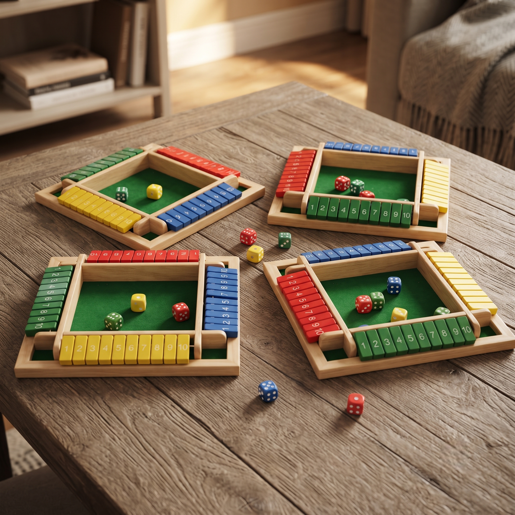 Wooden Shut the Box Dice Game, Classic Family Board Game for Math & Decision-Making Skills, for 2-6 Players, Perfect for Parties Birthdays Halloween and Christmas Gifts, Ideal for Family Game Nights and Stocking Stuffers 5 Four Wooden Shut the Box Dice Game boards arranged neatly on a rustic wooden table inside a brightly lit living room.