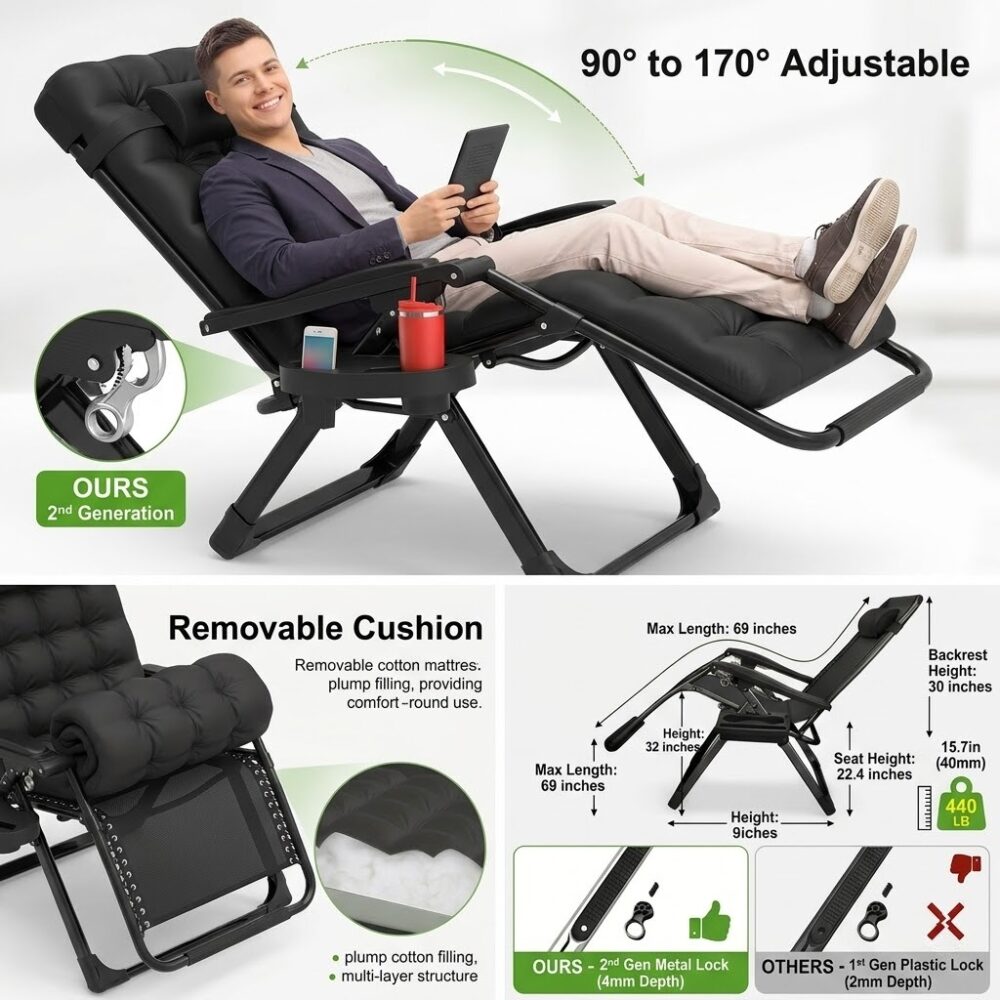 Technical infographic for a black Zero Gravity Chair Lounge Chair Recliner. The image shows a person reclined at 170° using a built-in cup holder tray. Detailed diagrams highlight a 2nd Generation 4mm metal lock, a removable cushion with plump cotton filling, and a dimension guide showing a 69-inch max length and 440lb weight capacity.