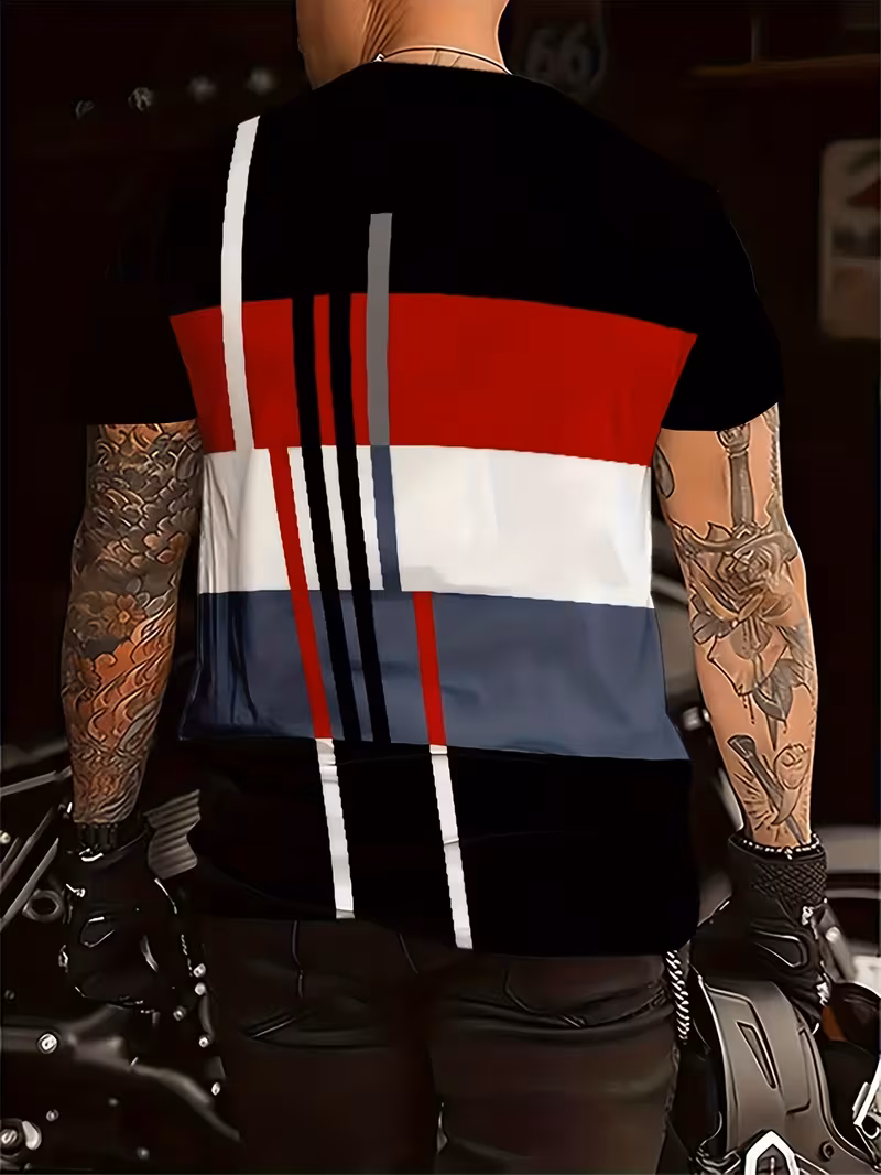 Trendy Men's T-Shirts 3pcs Men's Fashion Short-Sleeve T-Shirts | Color Block Design | Versatile Casual Round Neck Tops | Summer Comfortable Breathable Trendy Apparel 5 A detailed back view of a muscular man with heavily tattooed arms, wearing one of the unique mixed color Men's T-Shirts 3pcs Men's Fashion Short-Sleeve from the collection. The shirt features a bold geometric color-block design across the back, with segments of solid red, white, and navy blue separated by distinct vertical and horizontal stripes in black, white, and gray. The top shoulder area is solid black. The man is holding motorcycle gloves and standing in front of a blurred background featuring a motorcycle, suggesting a stylish, active lifestyle.