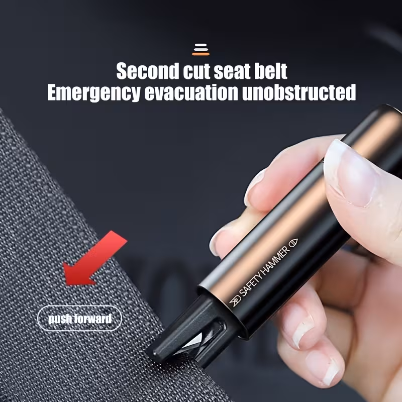 Universal Response Platform: Window Breaker and Seatbelt Cutter Pair with Tungsten-Steel Impact Tip and Multi-Axis Cutter Configuration for Comprehensive Vehicle Security 3 A technical product infographic of the Window Breaker and Seatbelt Cutter staged against a clean white background. The image is divided into two sections: on the left, the tool is shown in its expanded dining state, identifying nodes like the Fork, Spoon, Knife, and Bottle Opener. On the right, the tool is shown in its rescue configuration, highlighting the high-strength Tungsten Steel Tip and the recessed Seatbelt Cutter Blade. The hardware features a matte black, high-friction polymer chassis with "WINDOW BREAKER & SEATBELT CUTTER" branding.