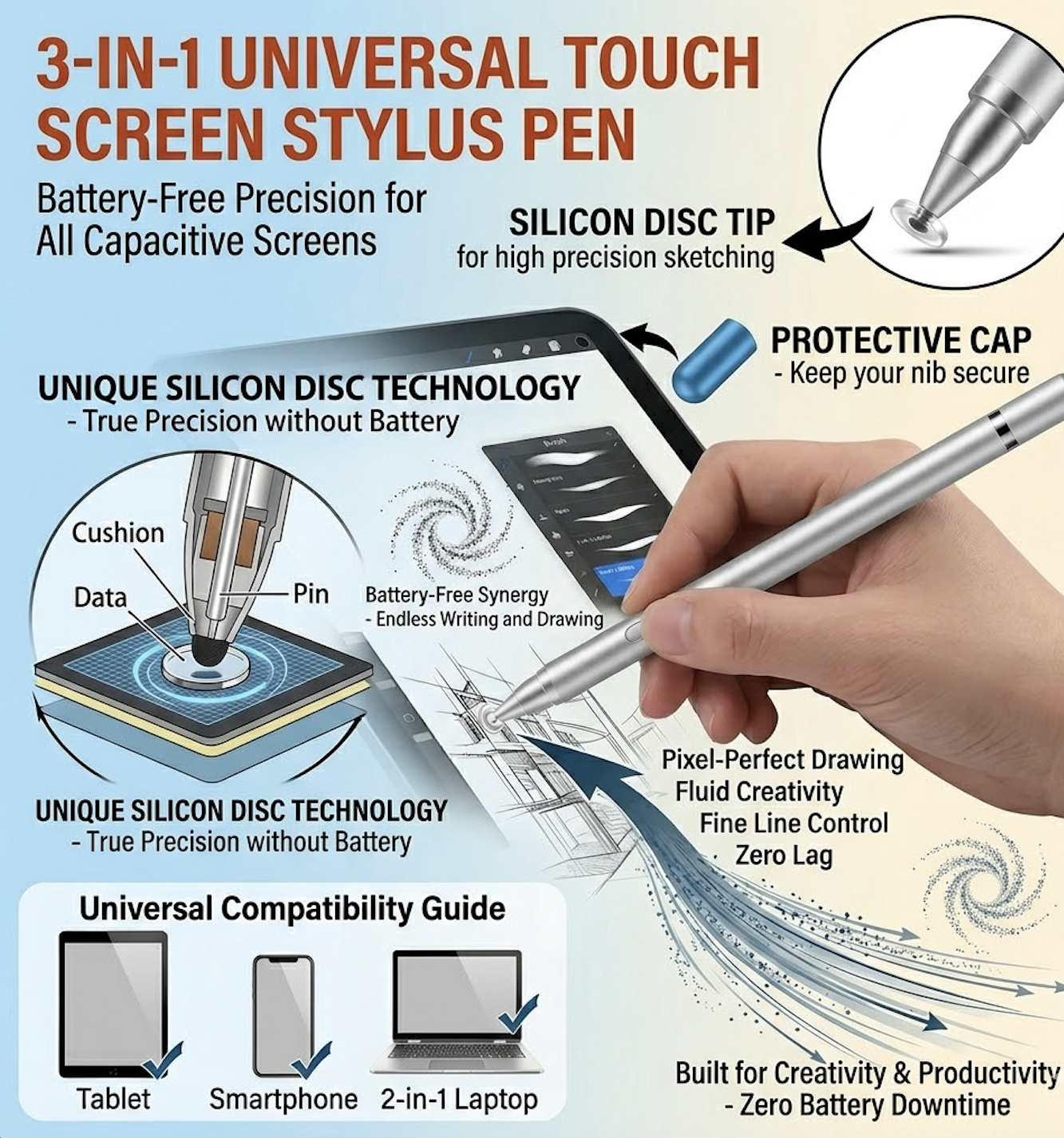exclusive Masterstroke Synergy: The 3-in-1 Universal Touch Screen Stylus Pen for Seamless Cross-Platform Navigation 13 3-in-1 Universal Touch Screen Stylus Pen The central image shows a hand using the stylus on a tablet for "Pixel-Perfect Drawing," showcasing "Fluid Creativity," "Fine Line Control," and "Zero Lag." Three circular insets highlight technical details: the "Silicon Disc Tip" for precision sketching, a "Protective Cap" to keep the nib secure, and a "Unique Silicon Disc Technology" diagram revealing the internal "Cushion," "Data," and "Pin" components. A "Universal Compatibility Guide" at the bottom features checkmarks for Tablet, Smartphone, and 2-in-1 Laptop, emphasizing "Zero Battery Downtime" for high productivity.