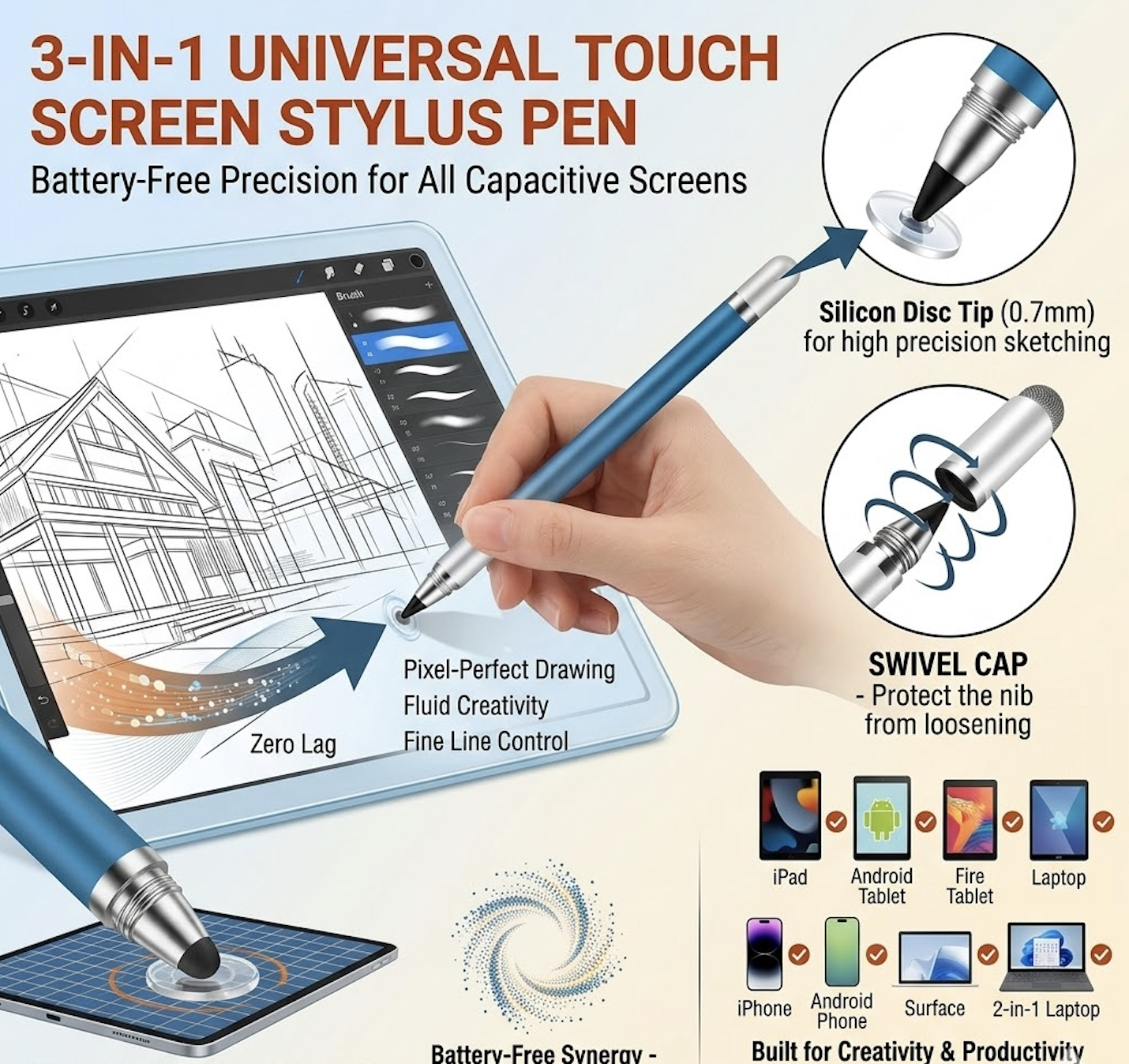 exclusive Masterstroke Synergy: The 3-in-1 Universal Touch Screen Stylus Pen for Seamless Cross-Platform Navigation 23 3-in-1 Universal Touch Screen Stylus Pen The central image shows a close-up of the stylus with blue motion arrows illustrating how the threaded silver cap screws onto the pen body to "Protect the nib from loosening." The background includes a hand using the stylus for "Pixel-Perfect Drawing" on a tablet and insets highlighting the "Silicon Disc Tip (0.7mm)" for precision sketching. A compatibility chart at the bottom confirms it is "Compatible with ALL Capacitive Devices," including iPad, iPhone, Android, Fire Tablet, and Surface.