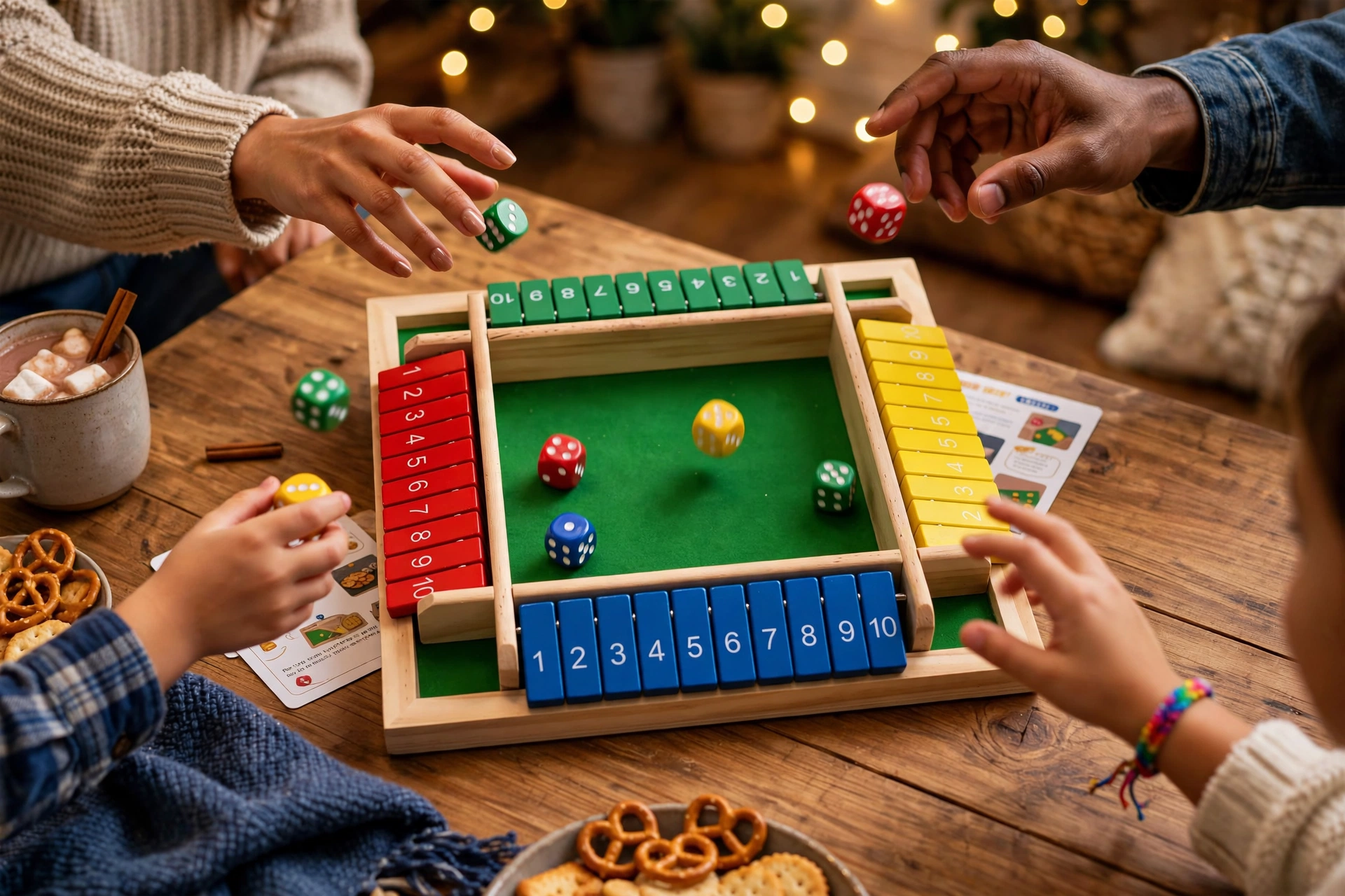 Wooden Shut the Box Dice Game, Classic Family Board Game for Math & Decision-Making Skills, for 2-6 Players, Perfect for Parties Birthdays Halloween and Christmas Gifts, Ideal for Family Game Nights and Stocking Stuffers 9 Close up shot of family members reaching out to play the Wooden Shut the Box Dice Game on a wooden table with snacks and hot drinks.