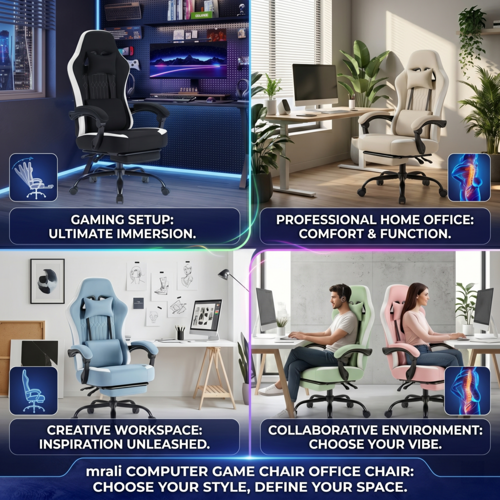 exclusive Computer Game Chair Office Chair with Foot and Lumbar Support, Height Adjustable Work Chair, Headrests, Armrests, and Rollers 10 A multi-panel lifestyle graphic showcasing the mrali Computer Game Chair Office Chair in four distinct settings: a dark gaming room (black), a bright home office (khaki), a creative studio (blue), and a collaborative office with two users (light green and pink).