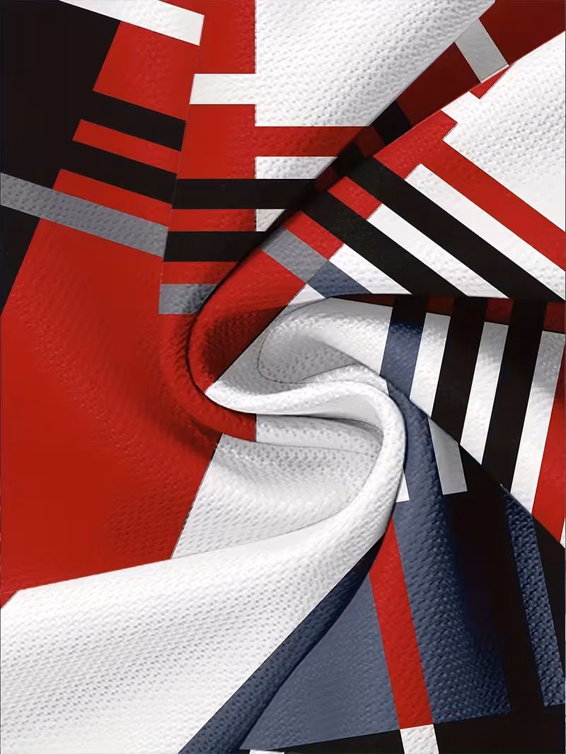 Trendy Men's T-Shirts 3pcs Men's Fashion Short-Sleeve T-Shirts | Color Block Design | Versatile Casual Round Neck Tops | Summer Comfortable Breathable Trendy Apparel 2 A close-up photograph of twisted, mixed color fabric, featuring a bold geometric and abstract pattern in red, black, white, and navy blue, showing a fine mesh weave texture suitable for men’s apparel.