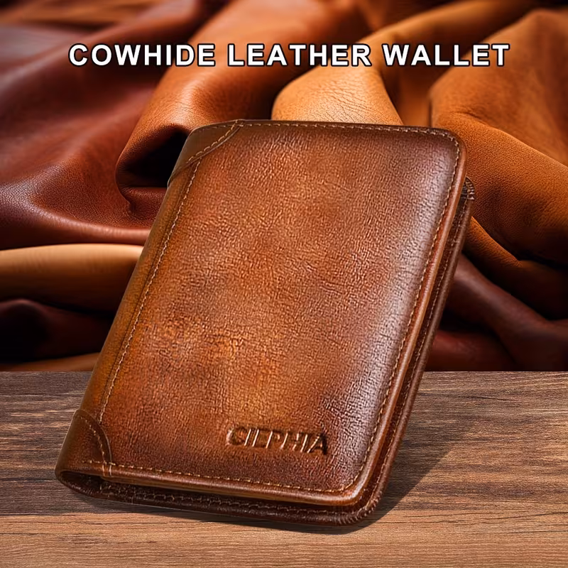 Slim Trifold RFID Leather Wallet - Father's Day Gifts for Men: Genuine Top Layer Cowhide Card Holder & Money Clip 8 A vintage brown CIEPHIA trifold RFID Leather Wallet for Father's Day Gifts, shown with dimensions of 12cm height, 9.5cm width, and a slim 1.5cm profile.