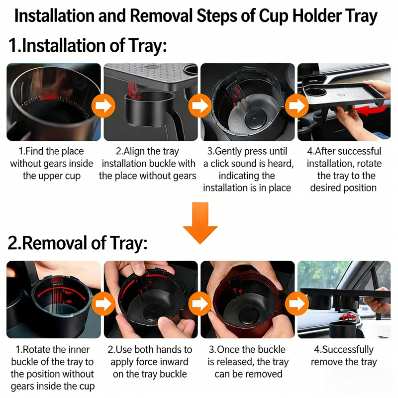 Operational Infrastructure Node: Car Cup Holder Expansion Tray with 40lb Load Capacity and 360° Rotating Mechanical Base for Superior Cabin Utility 9 A professional instructional infographic detailing the mechanical integration of the Car Cup Holder Expansion Tray. The graphic is divided into two primary sections: "Installation of Tray" and "Removal of Tray," each utilizing a four-step sequential photographic process with directional arrows and red highlighting for mechanical engagement points. The high-definition close-ups demonstrate the buckle-and-gear alignment logic, the tactile "click" engagement, and the two-handed inward force required for safe removal. The focus is sharp on the high-impact polymer locking mechanisms and the ergonomic swivel articulation points.