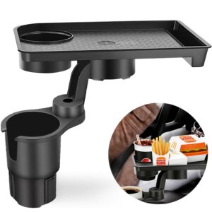 A professional product photograph showcasing the Car Cup Holder Expansion Tray in a matte black finish against a clean white background. The primary image displays the hardware's dual-tier design, featuring a robust base cup holder with a $360^\circ$ swivel arm supporting a rectangular expansion tray with an integrated secondary cup well and a textured non-slip surface. An inset circular graphic demonstrates the tray in a real-world application, supporting a branded beverage, French fries, and a burger box within a vehicle's interior. The focus is sharp on the high-impact polymer construction and the mechanical articulation points.