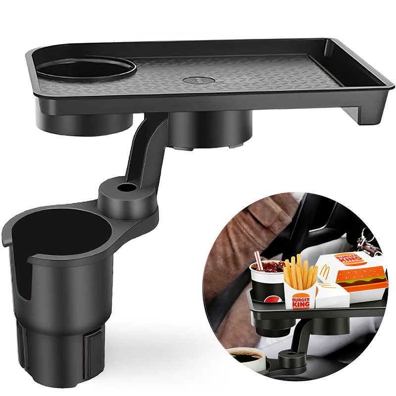 Operational Infrastructure Node: Car Cup Holder Expansion Tray with 40lb Load Capacity and 360° Rotating Mechanical Base for Superior Cabin Utility 1 A professional product photograph showcasing the Car Cup Holder Expansion Tray in a matte black finish against a clean white background. The primary image displays the hardware's dual-tier design, featuring a robust base cup holder with a $360^\circ$ swivel arm supporting a rectangular expansion tray with an integrated secondary cup well and a textured non-slip surface. An inset circular graphic demonstrates the tray in a real-world application, supporting a branded beverage, French fries, and a burger box within a vehicle's interior. The focus is sharp on the high-impact polymer construction and the mechanical articulation points.