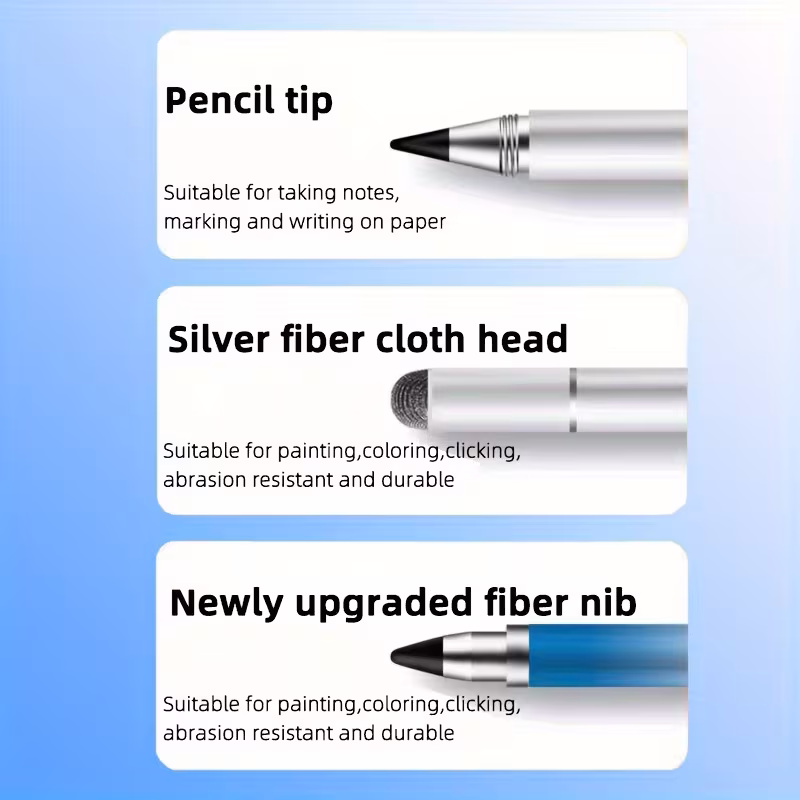 exclusive Masterstroke Synergy: The 3-in-1 Universal Touch Screen Stylus Pen for Seamless Cross-Platform Navigation 20 A professional product infographic for the silver 3-in-1 Universal Touch Screen Stylus Pen set against a light-colored gradient background