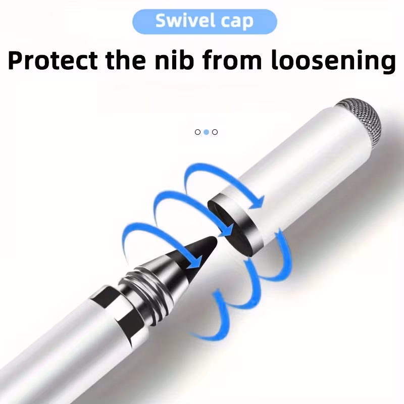 exclusive Masterstroke Synergy: The 3-in-1 Universal Touch Screen Stylus Pen for Seamless Cross-Platform Navigation 19 A detailed product infographic for the silver 3-in-1 Universal Touch Screen Stylus Pen demonstrating the protective "Swivel Cap" mechanism. The central image shows a close-up of the stylus with blue motion arrows illustrating how the threaded silver cap screws onto the pen body to "Protect the nib from loosening.