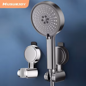 A professional technical infographic of a matte gray Shower Suction Cup Holder featuring a "High-Tenacity Vacuum Base" and "Multi-Angle Pivot Logic." The unit integrates several utility nodes: a bottle opener, lighter striker, and a line cutter hook. An exploded view on the bottom left reveals a "6-layer Stacked" internal architecture. A 4-step installation sequence at the bottom illustrates substrate purification, assembly of the dynamic joint, pneumatic compression against the aseptic coordinate, and final validation for high-cadence shower logistics.