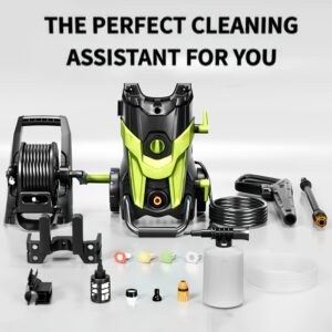 An Electric Pressure Power Washer kit in lime green and black, displayed with all included accessories like a hose reel, spray gun, foam bottle, and multiple nozzle tips.