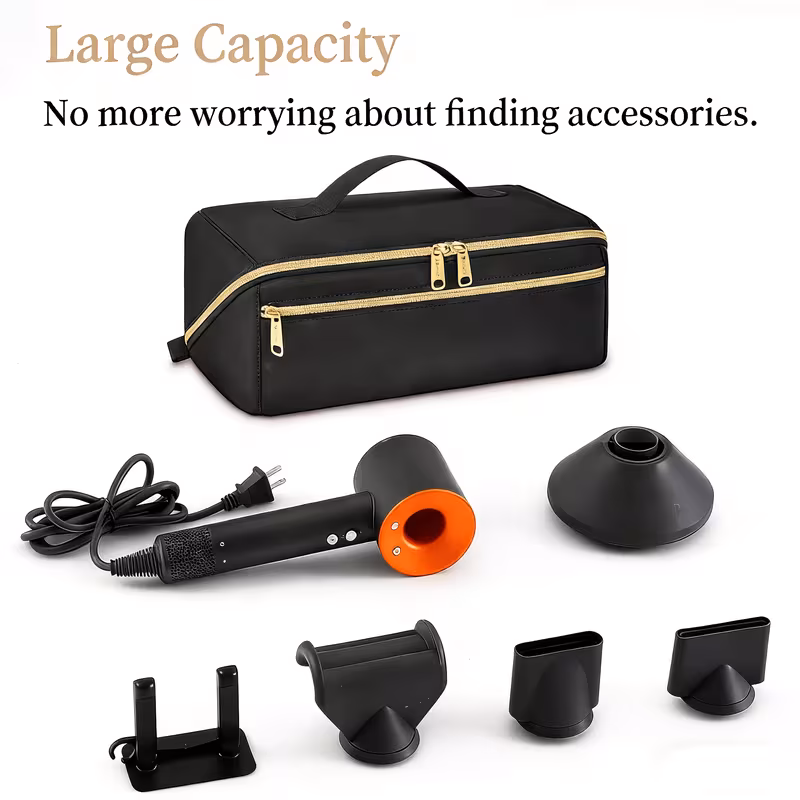 3-in-1 Clutch Bag Hot Hair Tools Travel Bag – Large Capacity Wide-Open Hair Accessory Case & Professional Heat-Safe Styling Mat 10 A closed black Clutch Bag Hot Hair Tools Travel Bag with a top handle and two distinct, parallel gold zippers, resting above an unboxed high-end blow dryer with an orange ring and its four separate, black nozzle and diffuser attachments. Large capacity is promised.