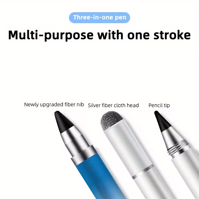 exclusive Masterstroke Synergy: The 3-in-1 Universal Touch Screen Stylus Pen for Seamless Cross-Platform Navigation 22 A creative product infographic for the 3-in-1 Universal Touch Screen Stylus Pen featuring a blue and silver aluminum barrel. The image shows a hand using the transparent silicon disc tip to sketch complex "Fluid Creativity" designs on a digital tablet