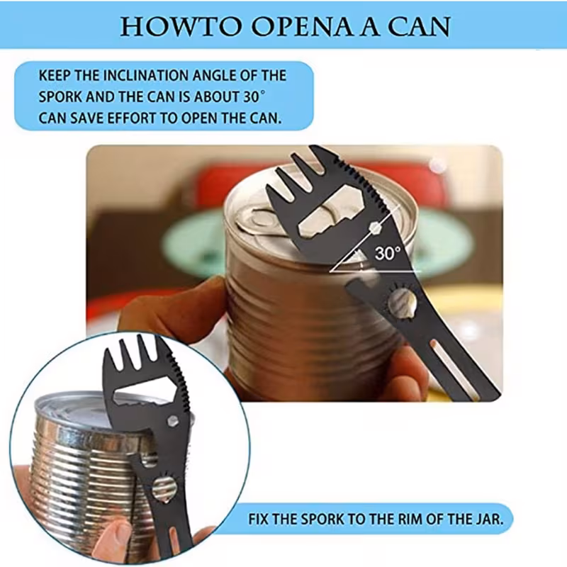 practical Precision Logistics Component: Outdoor Fork Spoon Detachable Tableware with Modular Separation Logic—High-Standard Multi-Tool for Hiking and Remote Cabin Coordination 2 A high-standard technical infographic of the Outdoor Fork Spoon Detachable Tableware in its fully collapsed storage state. The dynamic black chassis is displayed against a metallic grey backdrop, featuring high-fidelity callouts for integrated nodes including the Knife, Spoon, Fork, Key chain hook, Line cutter hook, Slotted screwdriver, Small hexagonal wrench, Lighter striker, Key chain hole, and Bottle opener. The "Qishing 10 IN 1 OUTDOOR UTILITY TOOL" branding is visible on the textured polymer handle.