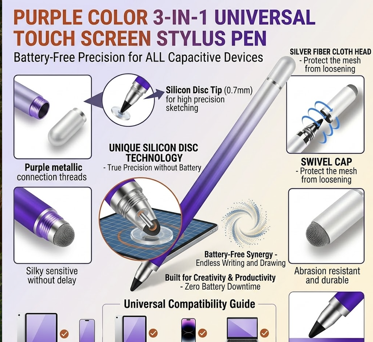 exclusive Masterstroke Synergy: The 3-in-1 Universal Touch Screen Stylus Pen for Seamless Cross-Platform Navigation 12 the purple color 3-in-1 Universal Touch Screen Stylus Pen Purple metallic connection threads" and the "Silky sensitive" tip. Insets on the right demonstrate the "SWIVEL CAP" mechanism to protect the "SILVER FIBER CLOTH HEAD" from loosening and damage. A central diagram reveals the "UNIQUE SILICON DISC TECHNOLOGY" for battery-free precision. The bottom includes a "Universal Compatibility Guide" for tablets, smartphones, and 2-in-1 laptops, with a measurement indicating a length of 17.3cm (6.81in).