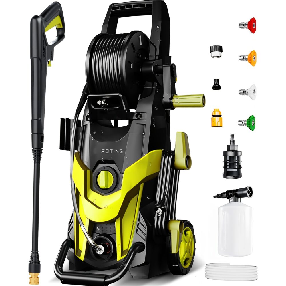 Advanced 4500 PSI Electric Pressure Power Washer featuring High-Compliance Quick-Connect Logic for Professional Car, Fence, and Patio Maintenance 2 yellow color A professional product visual of a lime green and black Electric Pressure Power Washer system by FOTING. It features an upright design with a prominent top-mounted hose reel and large wheels. Adjacent to it are the full attachment kit: a high-pressure spray gun and lance, a foam cannon, a water intake hose, an inlet filter, and five quick-connect nozzles in various colors (Red, Orange, White, Green, and Black).