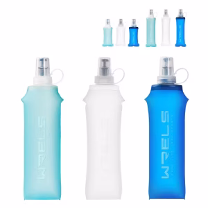 A comprehensive technical infographic for the white color 500ML WRELS Outdoor Soft Water Bottle, presented with exhaustive technical callouts against a purple-to-cream gradient background. The central scene features a hand holding and actively using the translucent white soft water bottle, which has purple accents and an integrated handle. A clear stream of water is expressed from the bite valve. A dynamic three-step diagram visualizes the "Flexible, Odorless Hydration" logic: 1. Full (500ML), 2. Softening as you drink it belay, and 3. Completely Folded