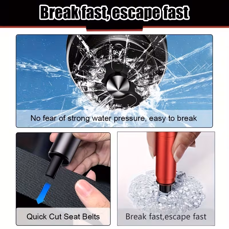 Universal Response Platform: Window Breaker and Seatbelt Cutter Pair with Tungsten-Steel Impact Tip and Multi-Axis Cutter Configuration for Comprehensive Vehicle Security 5 A professional technical infographic for the Window Breaker and Seatbelt Cutter, comparing high-efficiency modern rescue logic with outdated methods. The image is split against a futuristic background of a car and a robotic hand. On the left, a "Traditional redundant car safety hammer" (a large orange hammer node) is shown striking and creating large-particle raw broken glass, labeled "Not clean enough." On the right, the sophisticated Window Breaker and Seatbelt Cutter (the dynamic black oval device with tungsten tip) is shown achieving clean, precise tempered glass shattering, labeled "Shatter at a touch". Fine white line art validates the multi-axis particle coordinate control.