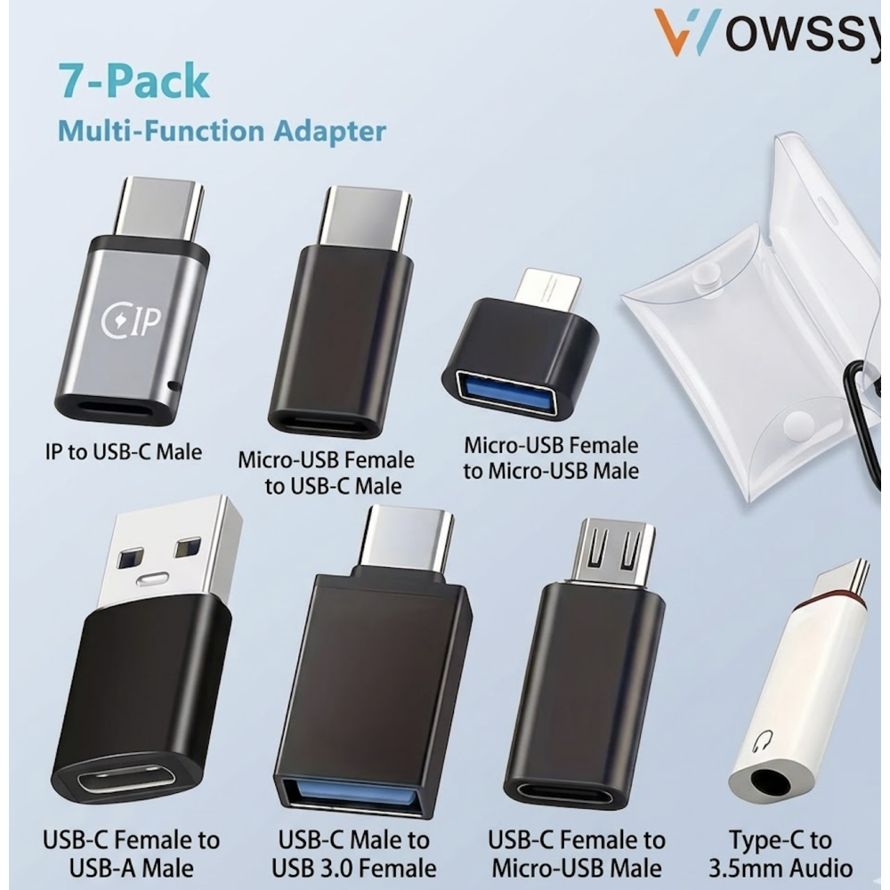 the 7-Pack Wowssyo Usb Adapters Seven individual adapters are arranged in two neat rows. The first row includes the silver IP to USB-C Male with the 'CIP' logo, the black Micro-USB Female to USB-C Male, and the black Micro-USB Female to Micro-USB Male (derived from image_12.png). The second row contains the black USB-C Female to USB-A Male, the black USB-C Male to USB 3.0 Female (from image_12.png), the black USB-C Female to Micro-USB Male (from image_12.png), and the unique white Type-C to 3.5mm audio adapter with the headphone icon and correct labeling (rebranded from image_24.png). All adapters are clearly labeled with their respective port-to-plug mappings, matching the comprehensive nature of the 7-pack concept. On the right, the translucent storage case with its black carabiner hook from image_24.png is integrated, showing the complete set.